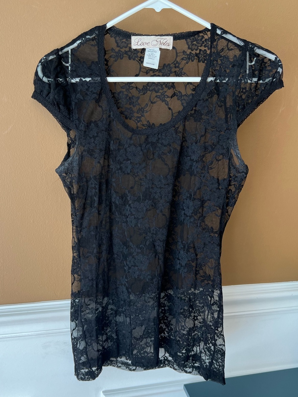 Love Notes Black Floral Lace Cap Sleeve Sheer Top Size M Whimsigoth feminine
